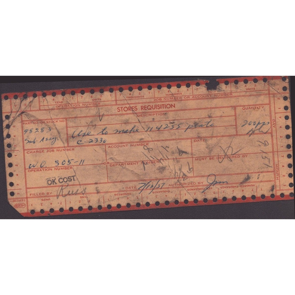 Vintage 1957 Industrial Punch Card Stores Requisition Form Ephemera Red